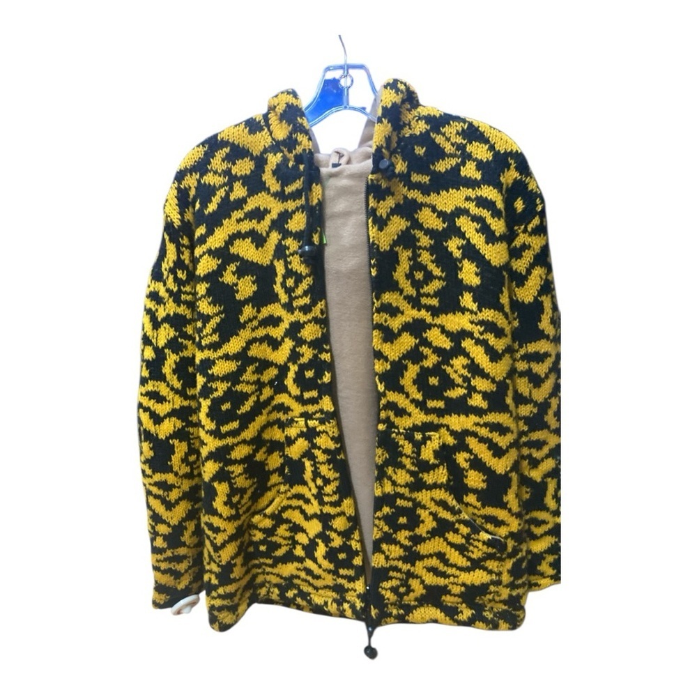Yellow and Black Patterned Jacket with hoodie 100 % Wool UNIQUE - Picture 11 of 13